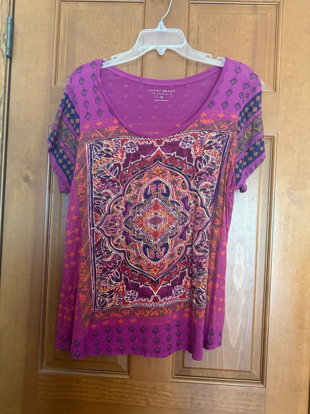 Lucky Brand Purple Medallion Print Short Sleeve Tee Multicolor Accents Sz 1X